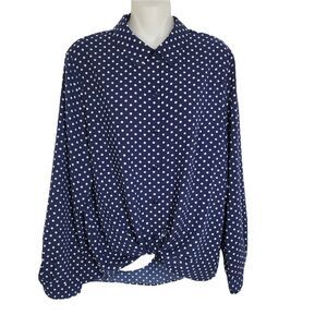 Susan Graver Women Shirt Size 10 Stretch Woven Tie Front Navy Dot Button A277808